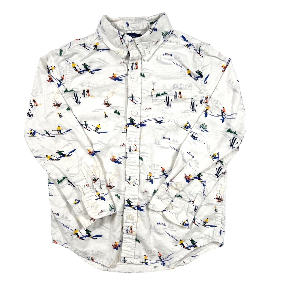 Janie and Jack Boys Ski Trip Button Down Shirt 4T White Cotton Long Sleeve EUC
